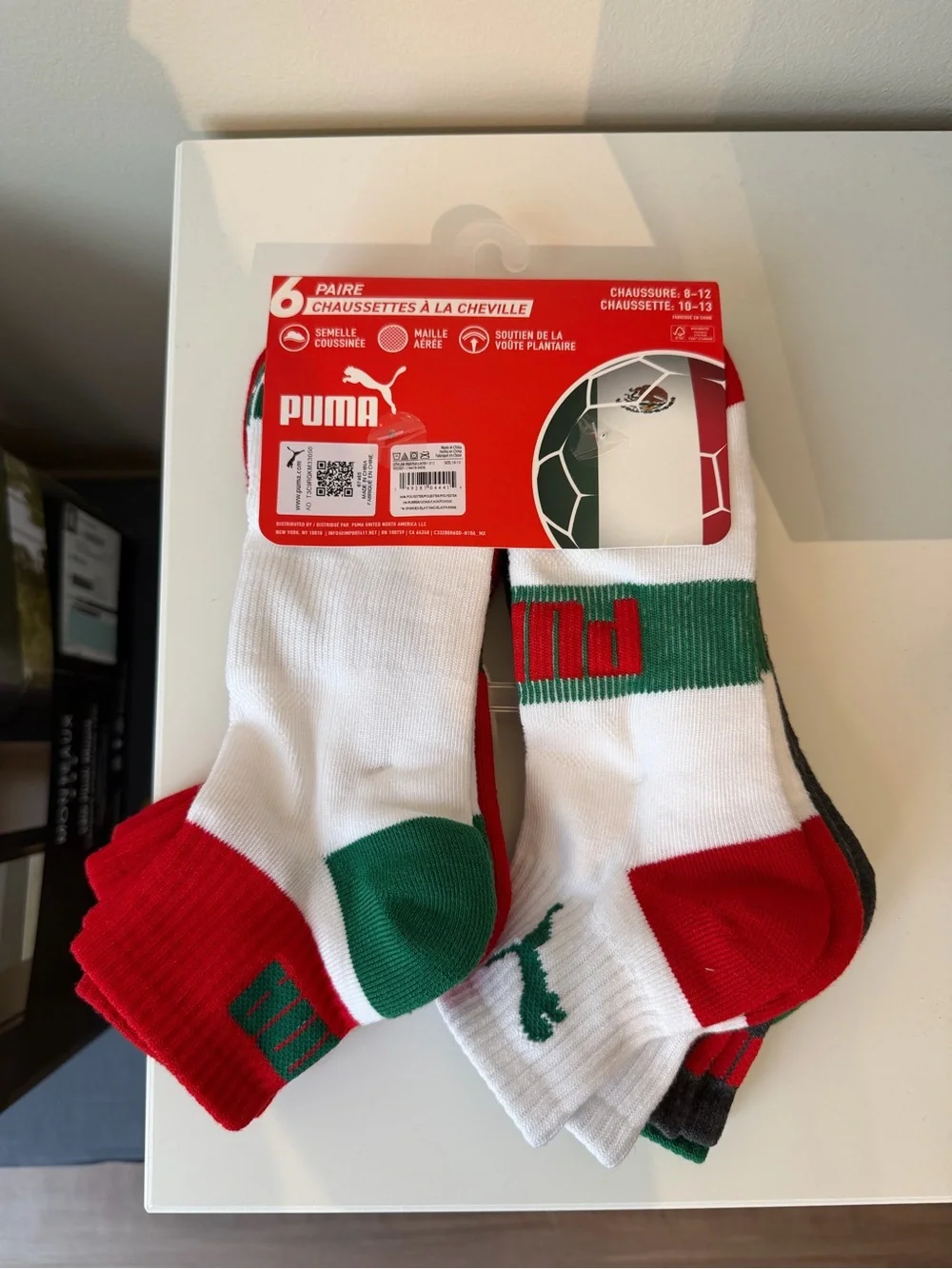 Puma‎ 6 Pair QTR Crew Mexico Soccer Team Socks Shoe Size 8-12 Sock Size 10-13